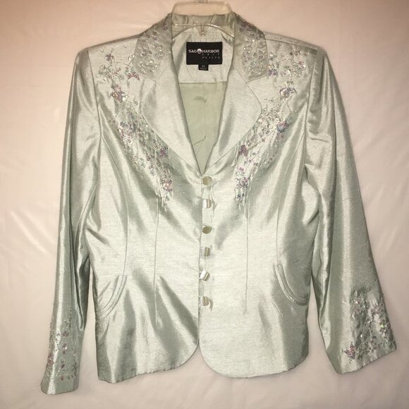 Sag Harbor Dresses & Skirts - Sag Harbor Suit Petite Size 8P Seafoam Silvery Green Long Sleeve- Skirt Set